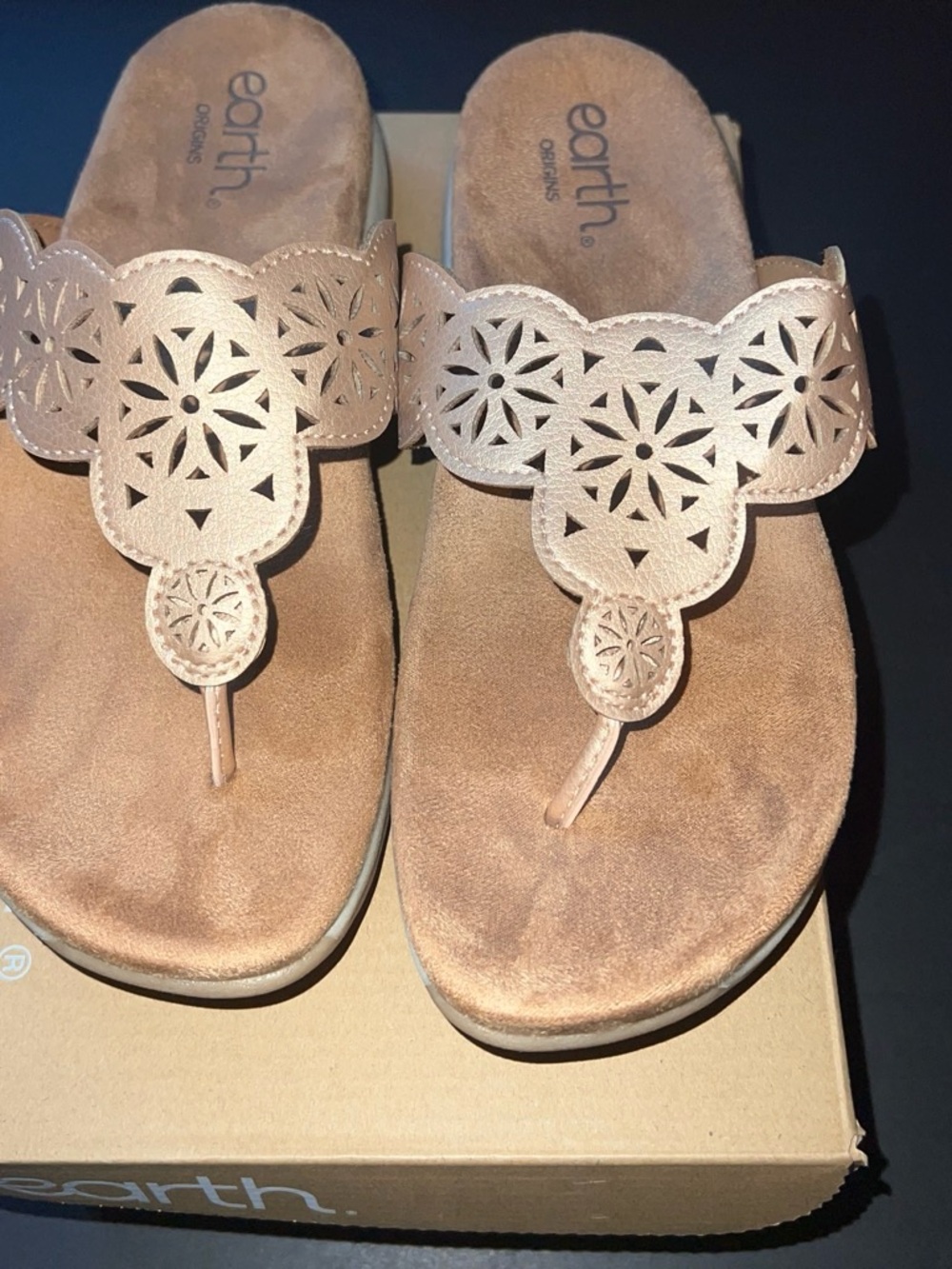 Earth Origins Women's Beige Laser-Cut Thong Sandals